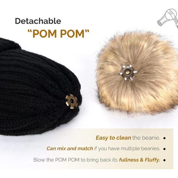 Womens Winter Knit Beanie Hat with Faux Fur Pom Warm Stretchy Skull Cap - Picture 7 of 8